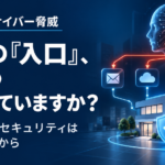 AIから会社のメール・クラウド・Web・端末へ攻撃経路が伸び、盾と入口一覧で守る概念図