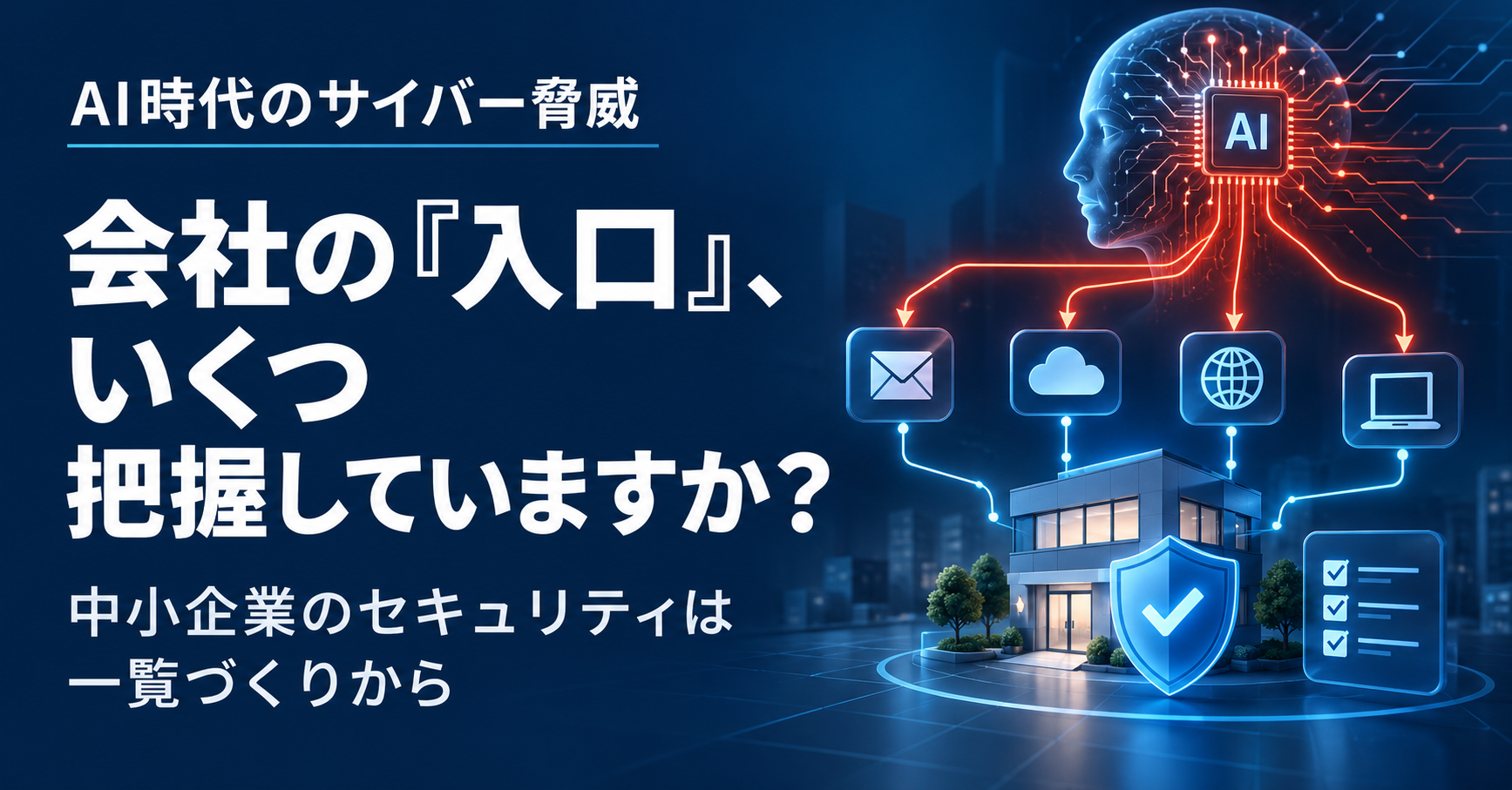AIから会社のメール・クラウド・Web・端末へ攻撃経路が伸び、盾と入口一覧で守る概念図